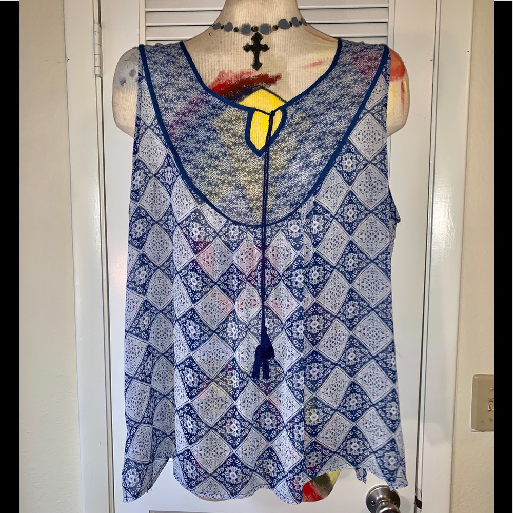 Rose & Olive blue design sheer sleeveless blouse
